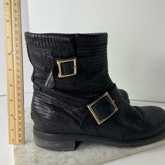 Jimmy Choo Black Biker Boots Moto Combat Buckle Croc Embossed 36.5 $1195 - Picture 12 of 13